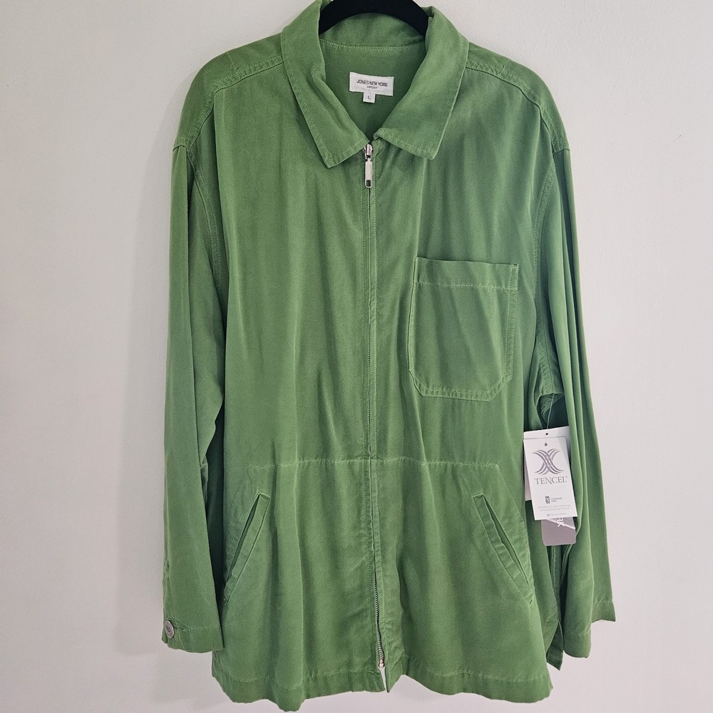 New VTG L Jones New York Sport Green Full Zip Lightweight Tencel Jacket Utility